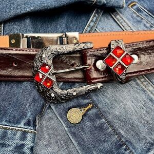 Vintage Western Burgundy Leather Belt Ornate Red Gem Rhinestone Buckle Large